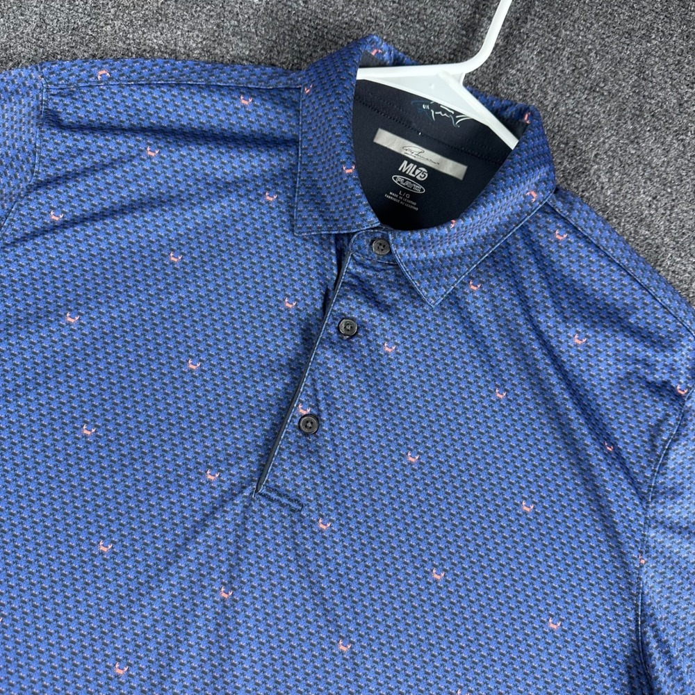 Greg Norman Polo Shirt Mens L Large Blue Crab Print ML75 Play Dry Golf Casual